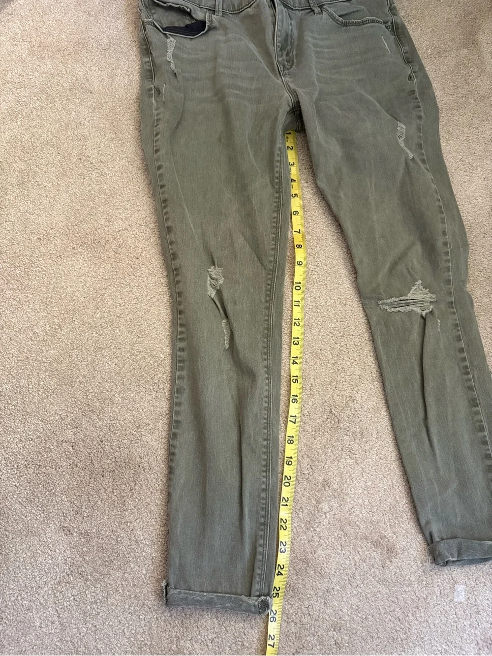 Express Olive Green Ankle Legging Midrise Jeans Cotton Blend And Distressed